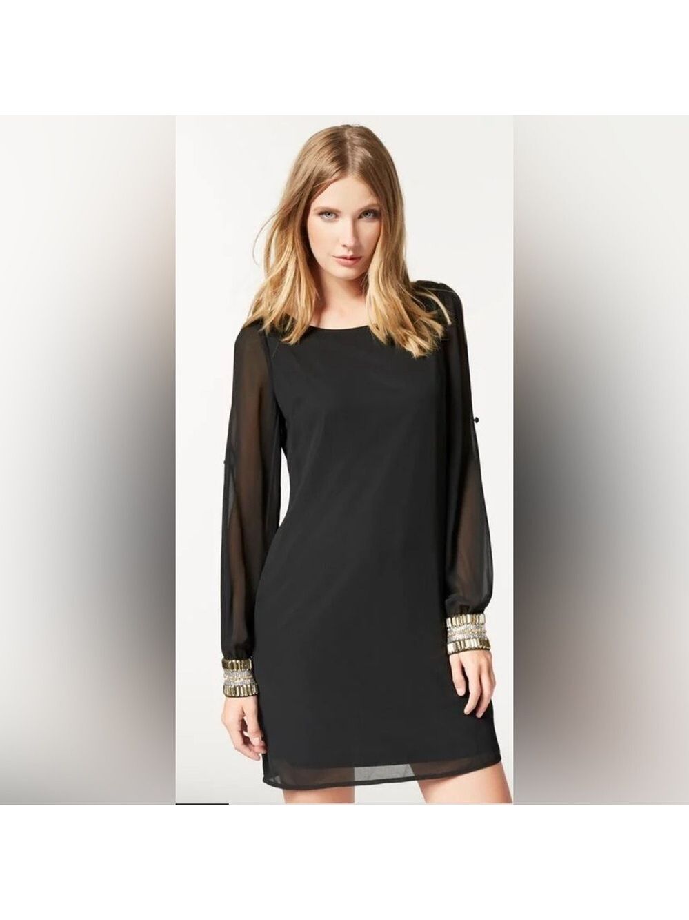 Bebe Embellished Cuff Sheer Sleeve Shift Dress Size XS
